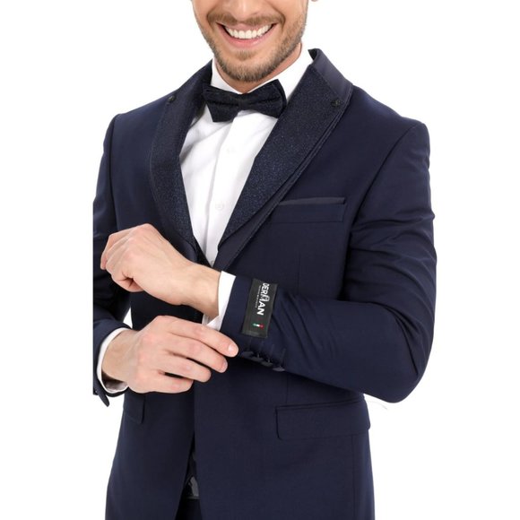 Derman Navy Silvery Detailed Collar Tuxedo 3 Piece Set - Picture 3 of 6